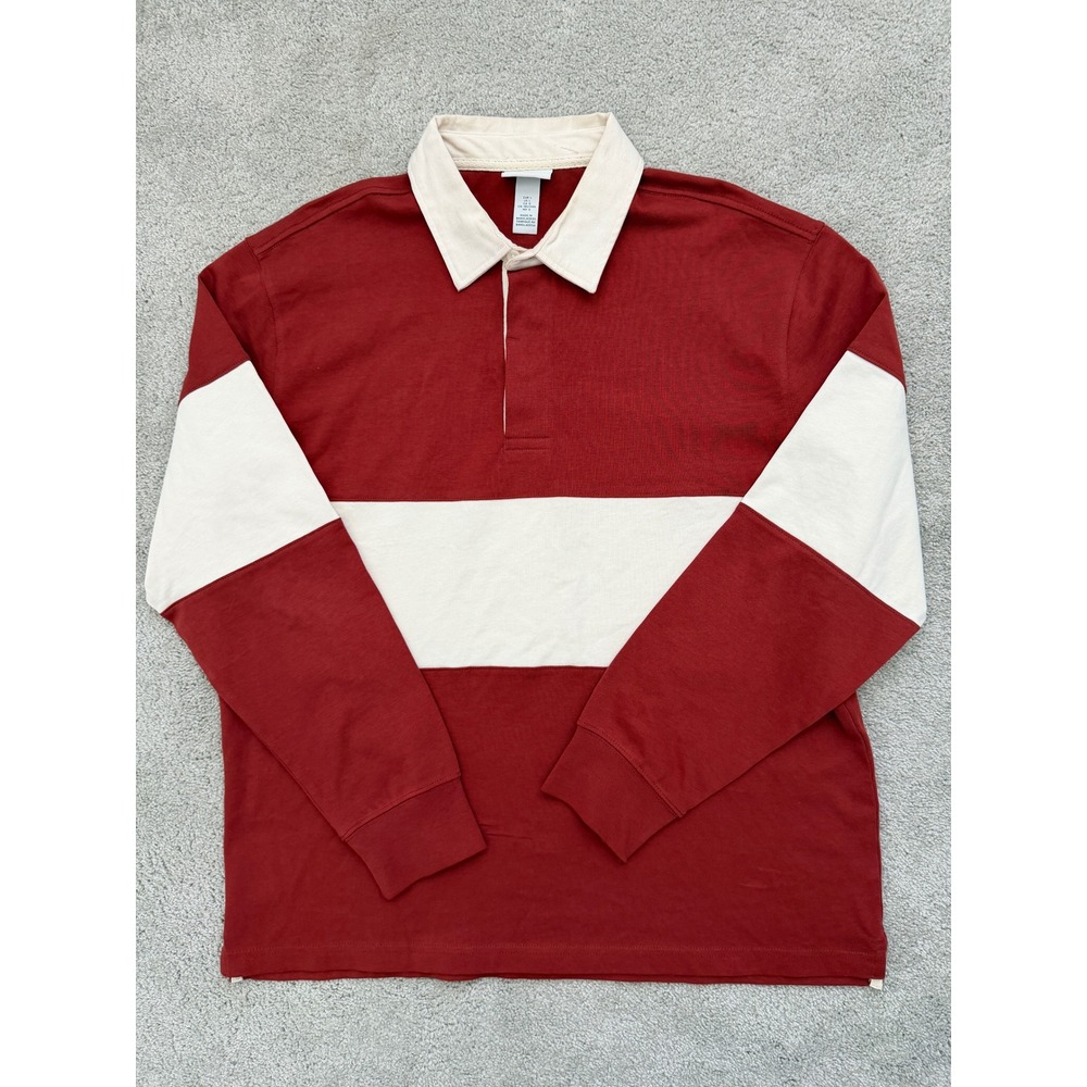 H&M Mens Large Red Cream Striped Long Sleeve Rugby Polo Shirt Cotton 10437116
